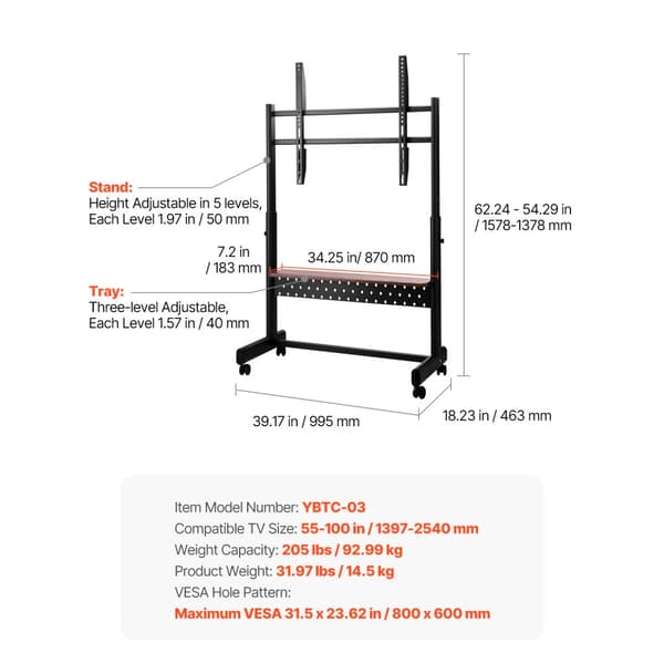 Rullende TV-Stativ, Mobil TV-Vogn, Holder op til 90kg, Passer til 55-100 Tommer TV