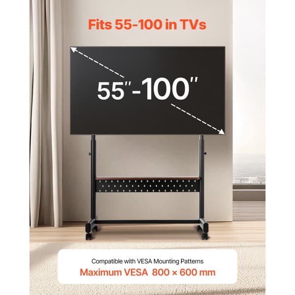 Rullende TV-Stativ, Mobil TV-Vogn, Holder op til 90kg, Passer til 55-100 Tommer TV