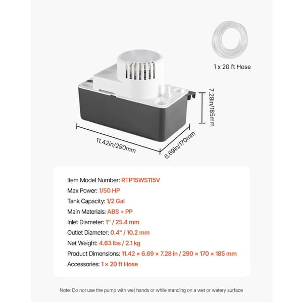 Kondenspumpe Automatisk, 1/50 HK Model, 65GPH, 4,57m Løfthøjde