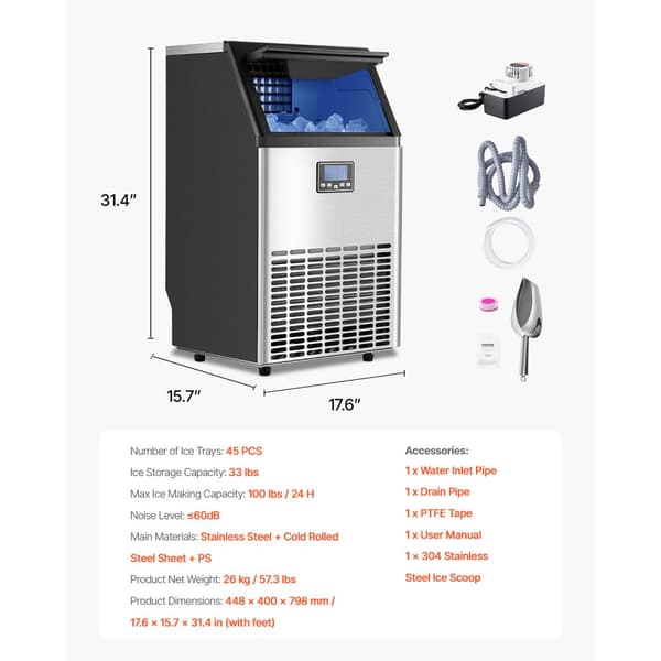 Kommerciel Ismaskine, Fritstående Skabsmaskine, 100lbs/24H, 45 Isterninger pr. cyklus
