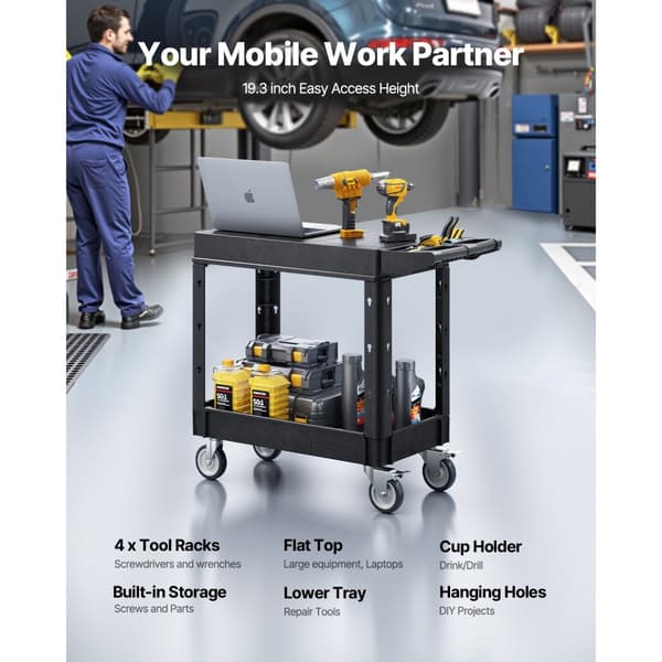 2-hylders Servicevogn, 550 lbs Kapacitet, 31,3 x 17,7 Tommer, Vogn med Hjul til Tungt Arbejde