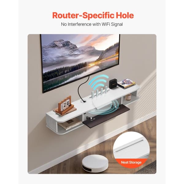 Svævende TV-bord 47, Underholdningscenter, med Strømforsyning og Kabelhul, Hvid Farve