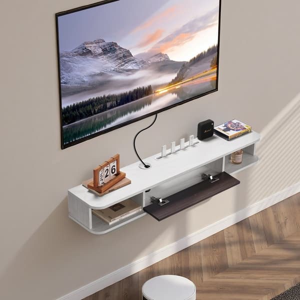 Svævende TV-bord 47, Underholdningscenter, med Strømforsyning og Kabelhul, Hvid Farve