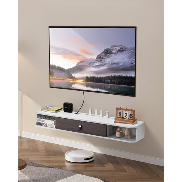 Svævende TV-bord 47, Underholdningscenter, med Strømforsyning og Kabelhul, Hvid Farve