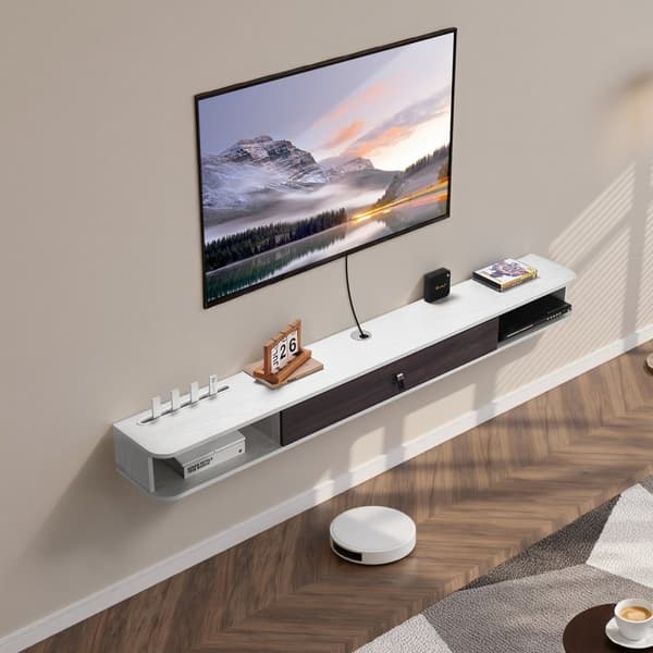 Flytande TV-bänk 70 tum, Underhållningscenter, Vit med Kabelhål och Strömfunktioner
