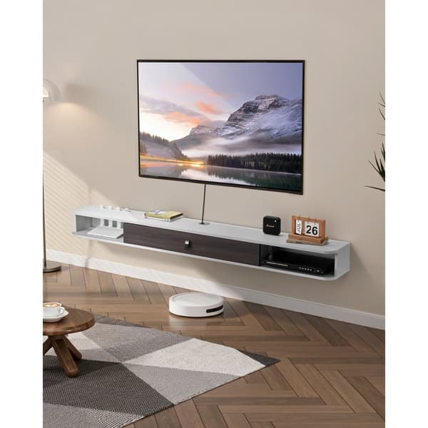 Flytande TV-bänk 70 tum, Underhållningscenter, Vit med Kabelhål och Strömfunktioner