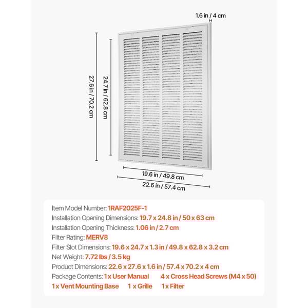 Returluftfiltergitter, Passer til Kanalåbning B20 x H25 Tommer, Inklusiv Filter