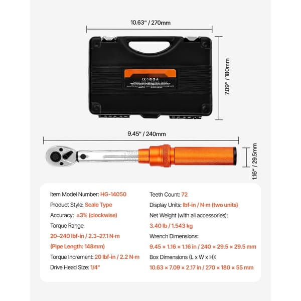 Click Momentnøglesæt 1/4 tommer, 20-240 lbf-in/2,3-27,1 Nm, Orange Farve, Præcise Målinger