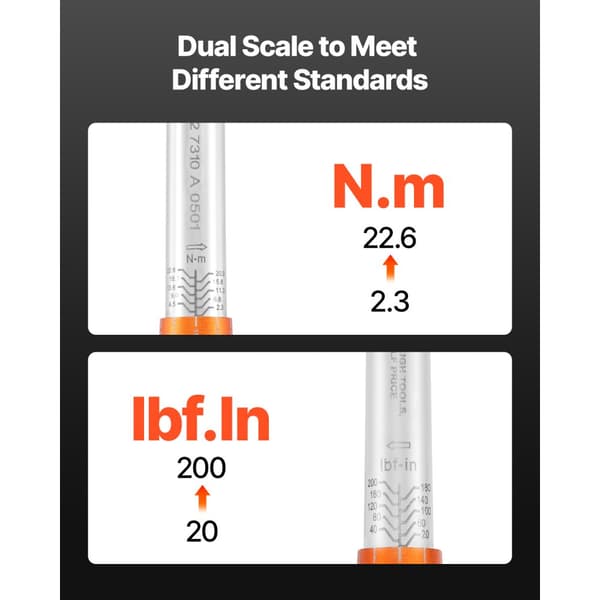 Click Momentnøglesæt 1/4 tomme, 20-200 lbf-in /2,3-22,6 Nm, Farve Orange
