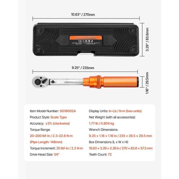 Click Momentnøglesæt 1/4 tomme, 20-200 lbf-in /2,3-22,6 Nm, Farve Orange