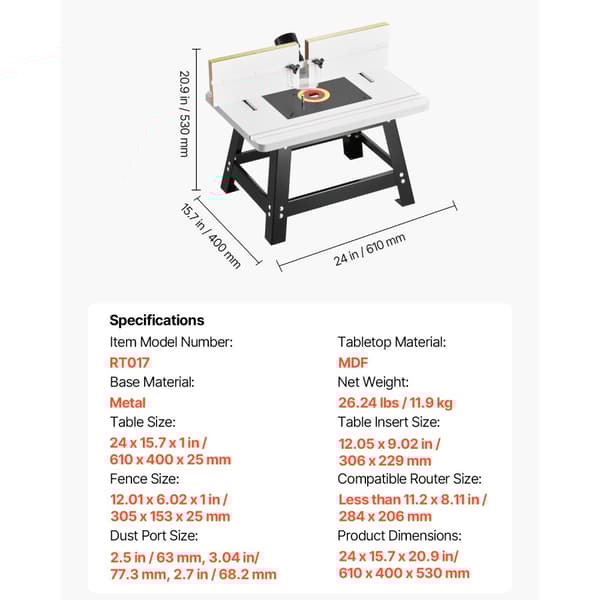 Bordfræserbord 24x15,7 tommer, med hegn, MDF-top, støvopsamlingsport, robust konstruktion