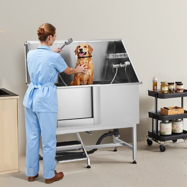 Hundebadekar, 127 cm rustfrit stål, inklusiv trapper og vandfilter, venstre model