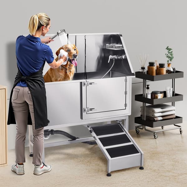 Hundebadekar i rustfrit stål, 127 cm, med rampe og vandfilterfunktioner