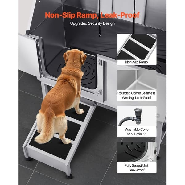 Hundebadekar i Rustfrit Stål 127 cm, med Rampe, Venstresidet Vandfilter