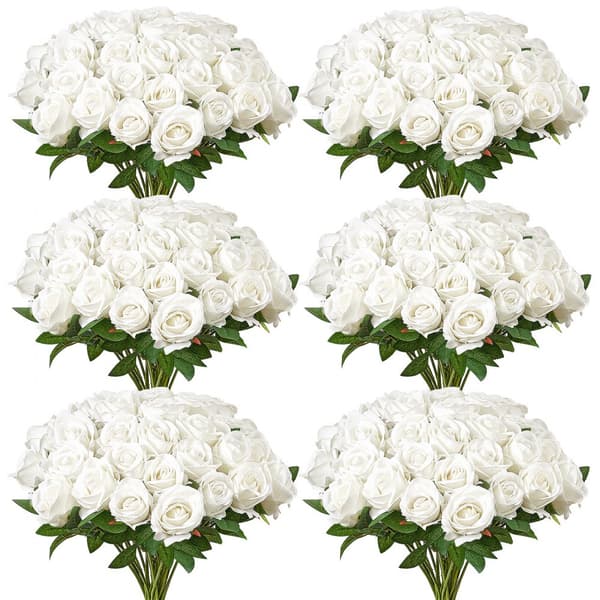 Hvide Roser Kunstige Blomster, 120 stk. Realistisk Buket, Perfekt til Juleboligindretning