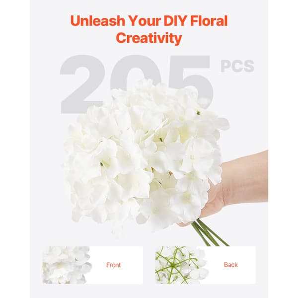 205 stk Kunstige Silkehortensia Blomster, 9,8 tommer Buketarrangement, Hvid