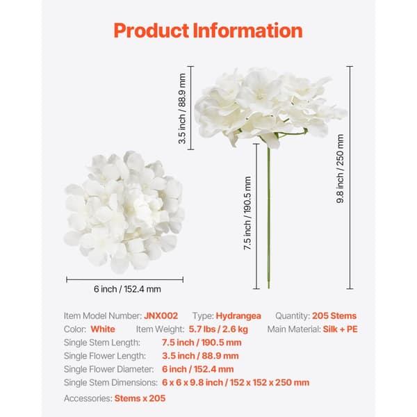 205 stk Kunstige Silkehortensia Blomster, 9,8 tommer Buketarrangement, Hvid