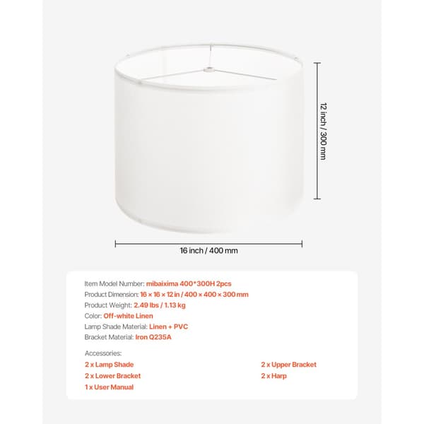 Trommelampeskærme Sæt, 2 stk., 16x16x12 tommer, Lampeskærm med Harpe, Off-White Farve