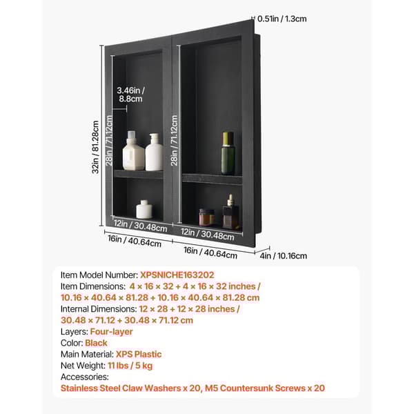 Brusniche Indbygget Væghylde, 40,6 x 81,3 cm, Ideel til Badeværelse, Dobbeltplads Design