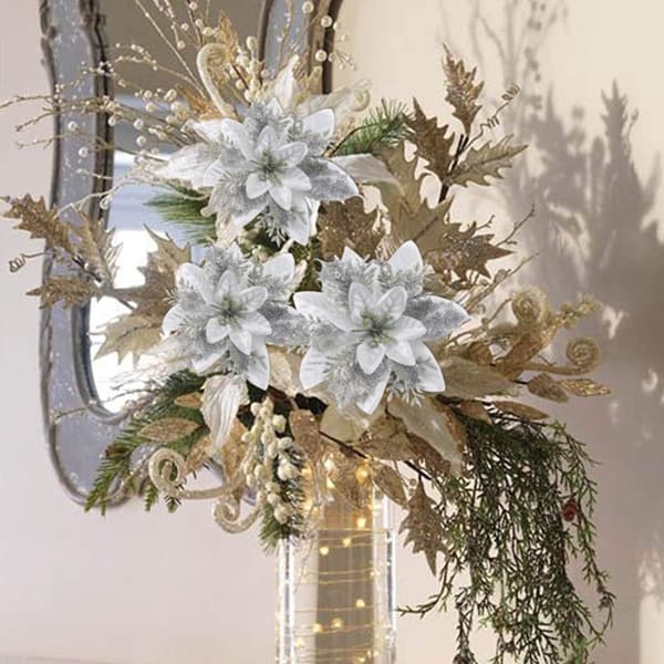 INF Kunstige juleblomster sølv 5-pack julepynt