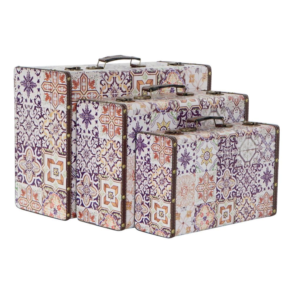 Uppsättning med Dekorativa Lådor DKD Home Decor Kanvas Trä Kakel (3 pcs)