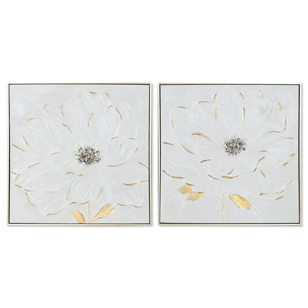 Maleri Home ESPRIT Hvit Gyllen polystyren Læret Blomster Shabby Chic 62 x 4,5 x 62 cm (2 enheter)