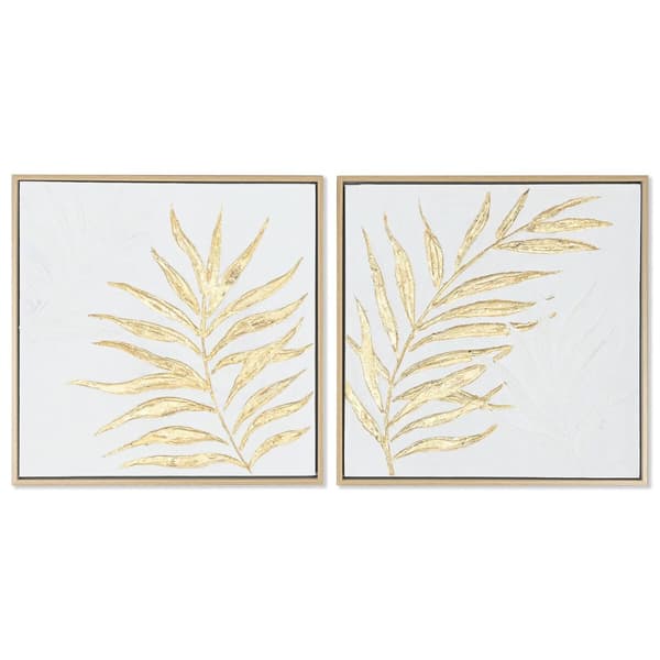 Tavla Home ESPRIT Vit Gyllene Kanvas Trä MDF Modern Löv av en växt 42 x 4 x 42 cm (2 antal)