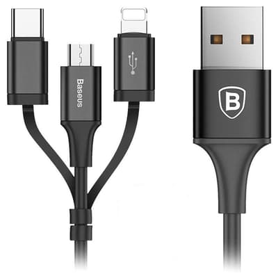3-in-1 Kaapeli 2A Micro USB, Type-C, Lightning 1,2 m Musta