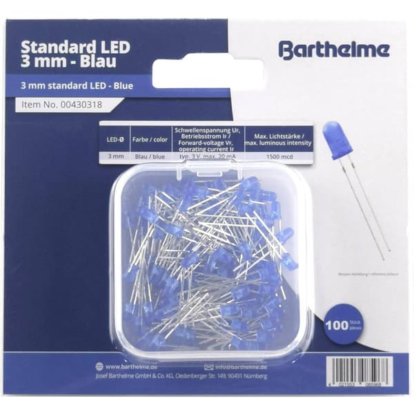 Barthelme LED sortiment Blå Rund 3 mm 1500 mcd 30 ° 20 mA 3 V