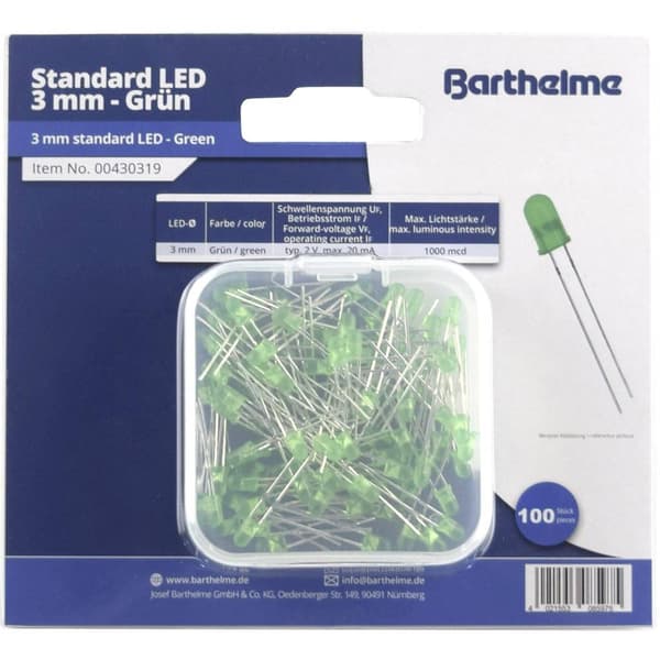 Barthelme LED sortiment Grön Rund 3 mm 100 mcd 30 ° 20 mA 2 V