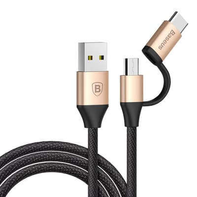 2-i-1 Kabel USB till Micro USB + Type-C 1m Guld