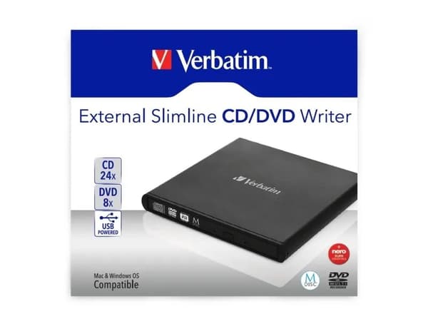 Verbatim Slimline CD/DVD, Musta, Vaaka, Kannettava tietokone, DVD-RW, USB 2.0, CD, CD-R, CD-RW, DVD, DVD+R, DVD+R DL, DVD+RW, DVD-R, DVD-R DL, DVD-RA
