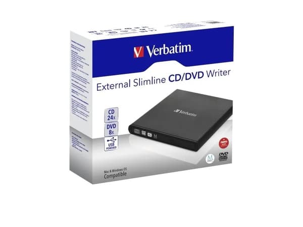 Verbatim Slimline CD/DVD, Musta, Vaaka, Kannettava tietokone, DVD-RW, USB 2.0, CD, CD-R, CD-RW, DVD, DVD+R, DVD+R DL, DVD+RW, DVD-R, DVD-R DL, DVD-RA musta