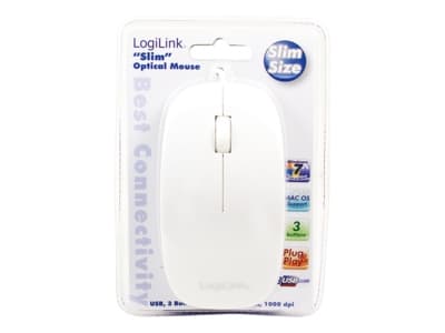 LogiLink Slim - Mus - höger- och vänsterhänta - optisk - 3 knappar - kabelansluten - USB - vit