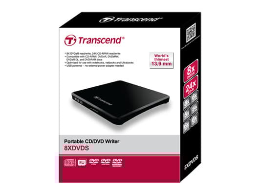 Transcend TS8XDVDS-K, Musta, DVD±R/RW, USB 2.0, CD-R, DVD+R, DVD+R DL, DVD+RW, DVD-R, DVD-R DL, DVD-RAM, DVD-RW, 5 - 40 °C, 142,8 mm