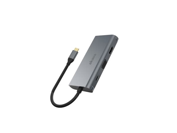 Akasa USB Type-C 9-In-1 telakka - USB-C, VGA, HDMI, RJ45, 3x USB-A, SD, microSD, USB Type-C, HDMI,RJ-45,USB 3.2 Gen 1 (3.1 Gen 1),VGA, RJ-45, Alumiin