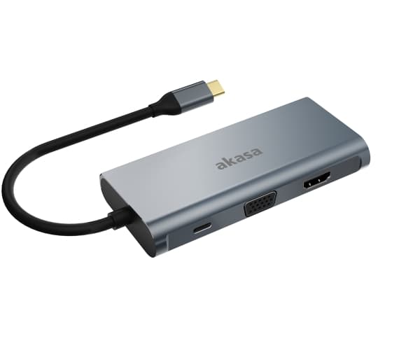 Akasa USB Type-C 9-In-1 telakka - USB-C, VGA, HDMI, RJ45, 3x USB-A, SD, microSD, USB Type-C, HDMI,RJ-45,USB 3.2 Gen 1 (3.1 Gen 1),VGA, RJ-45, Alumiin