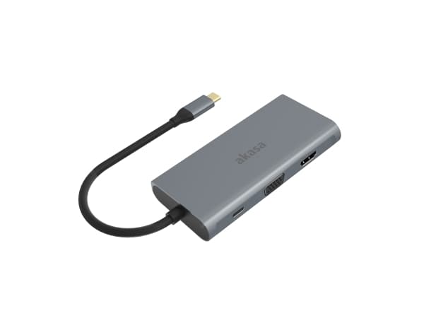 Akasa USB Type-C 9-In-1 telakka - USB-C, VGA, HDMI, RJ45, 3x USB-A, SD, microSD, USB Type-C, HDMI,RJ-45,USB 3.2 Gen 1 (3.1 Gen 1),VGA, RJ-45, Alumiin