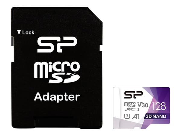 SILICON POWER Superior Pro - Flashminnekort (microSDXC til SD-adapter inkludert) - 128 GB - A1 / Video Class V30 / UHS-I U3 / Class10 - microSDXC UHS
