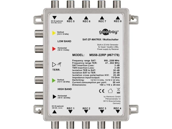 Goobay 67178, 5 innganger, 8 utganger, 3 dB, 2 dB, 75 O, 75 O