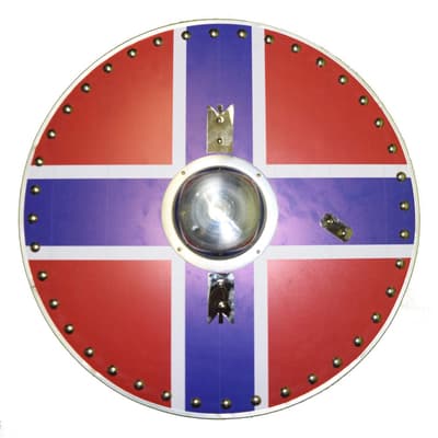 Pyöreä puinen käsintehty nahkakahva Norjan lipun viikingikilpi
