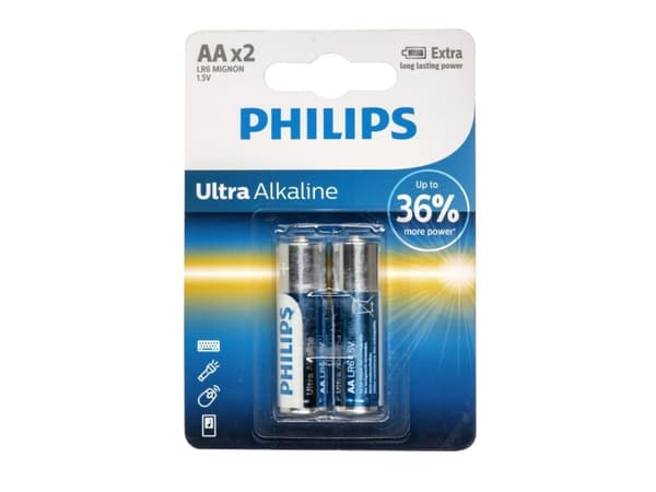 Philips Ultra Alkaline Batteri LR6E2B/10, Engangsbatteri, AA, Alkalinsk, 1,5 V, 2 stykker, 7 år