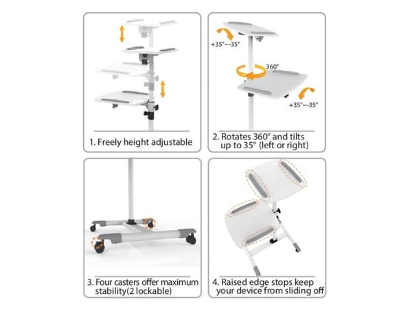 Techly ICA-TB TPM-6, Multimediaställ på hjul, Vit, Stål, Trä, 10 kg, 360°, -35 - 35°