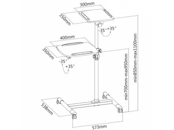 Techly ICA-TB TPM-6, Multimediaställ på hjul, Vit, Stål, Trä, 10 kg, 360°, -35 - 35°