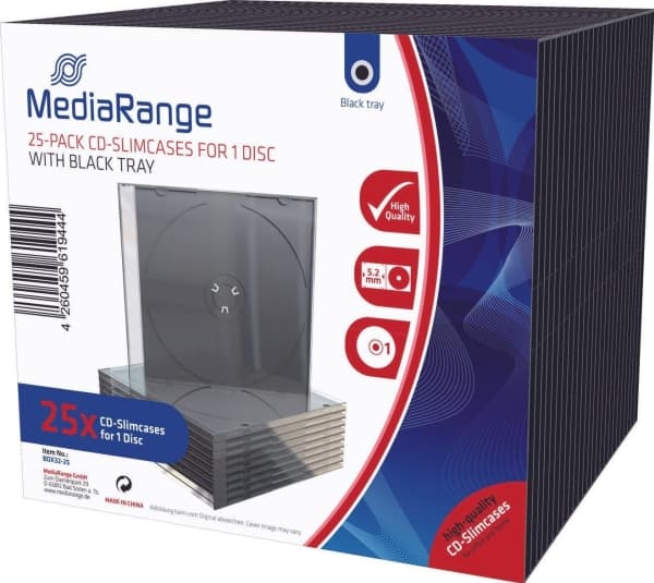 MediaRange BOX32-25, Slimline, 1 disker, Sort, Gjennomsiktig, Plast, 5,2 mm, 25 stykker