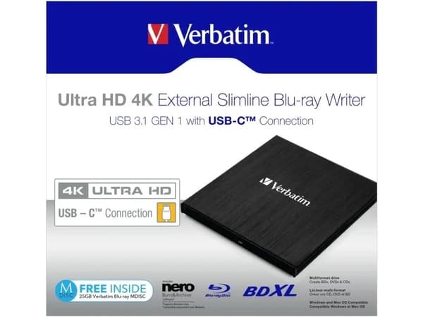 Verbatim Ultra HD 4K - Platestasjon - BDXL Writer - 6x/4x - SuperSpeed USB 3.1 Gen 1 - ekstern