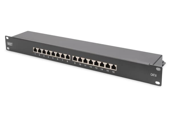 DIGITUS Professional DN-91616S-B - Koblingspanel - rackmonterbar - CAT 6 - STP - RJ-45 X 16 - svart, RAL 9005 - 1U - 19"