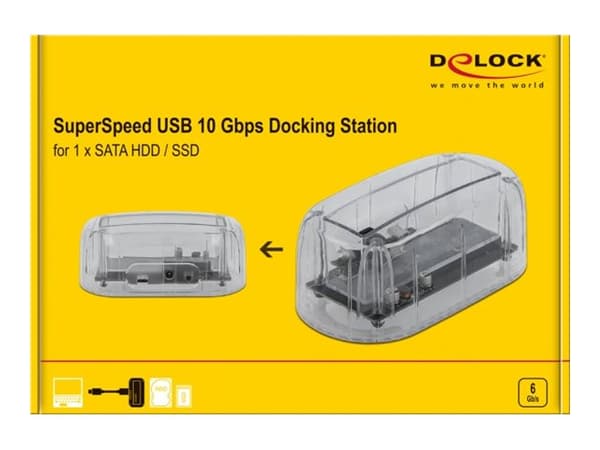 Delock - HDD-dokkestasjon - brønner: 1 - 2,5" / 3,5" delt - SATA 6Gb/s - USB-C - gjennomsiktig