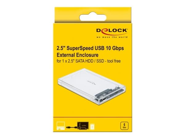 DeLOCK 42621, HDD-/SSD-kotelo, 2.5", Serial ATA III, Hot-swap, USB-liitettävyys, Läpinäkyvä