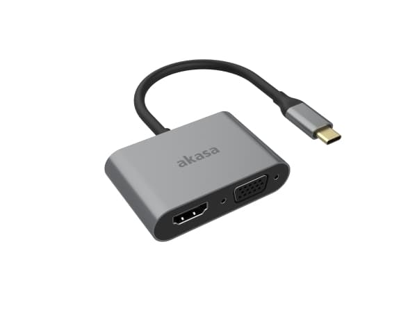 Akasa USB Typ C 2-In-1 Display-Adapter - silber - Digital/Daten - Digital/Display/Video, USB Type-C, HDMI, VGA, Gjuten aluminium, Passiv, 0,18 m, Kin Gjuten aluminium